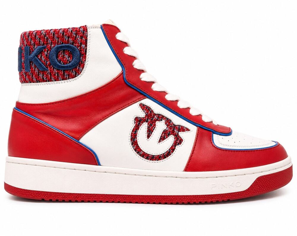 PINKO RED WHITE LEATHER HIGH TOP SNEAKERS WOMENS EU 38 US 7.5 LOGO W/ BOX
